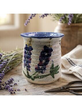Vintage Studio Pottery Vase Hand Thrown Speckled Stoneware Blue Floral Signed